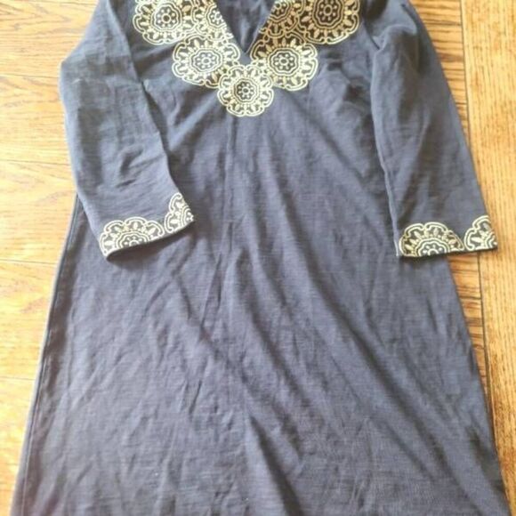 Boden Eda Embroidered Jersey Tunic Dress in navy blue & gold sz 6 - Picture 2 of 5